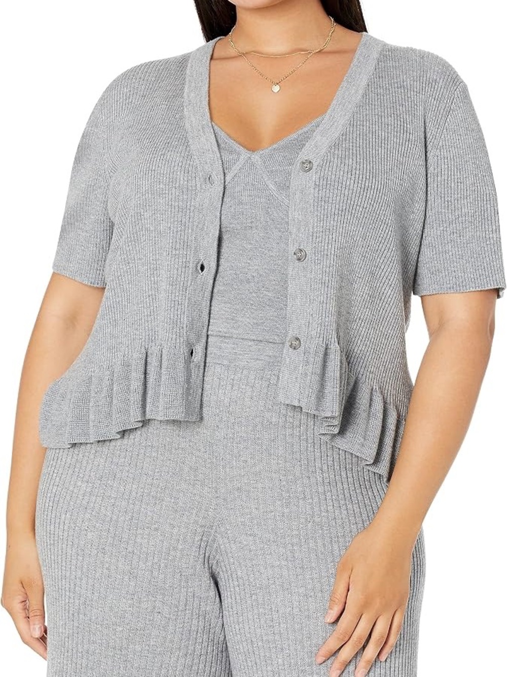 The Drop Women's Catalina Peplum Ruffle Rib Short Sleeve Cardigan Sweater XXL